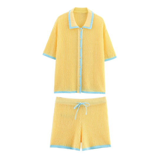 MYST&ZA2025 Summer New Products Women's Casual Knitted POLO Shirt Jacket Top + High Waist Knitted Shorts Set