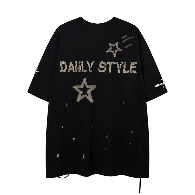 Fashion High Street Oversized Hip Hop T Shirts Streetwear Ripped Tees Star Printed Loose Fit Short Sleeve Tops Tshirt