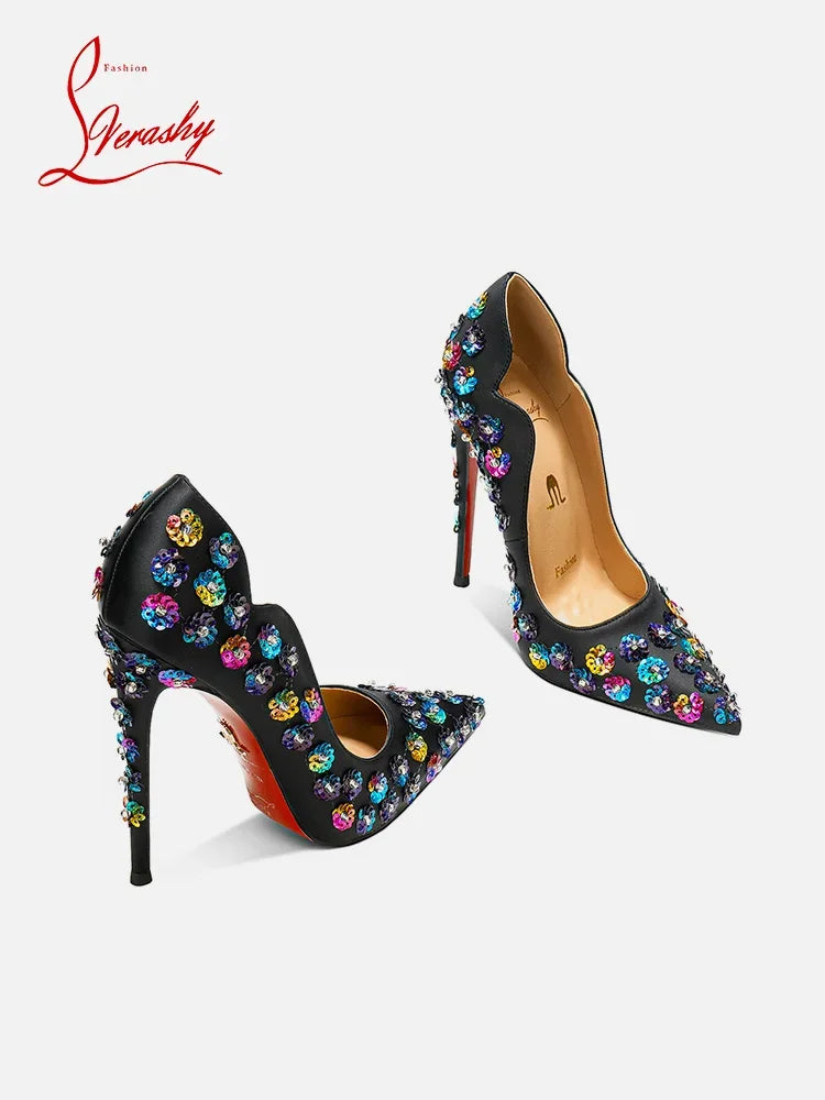 2025 Spring New High Heels Women's Embroidered Beaded Black Sexy Queen's Heel 10-12cm Pointed