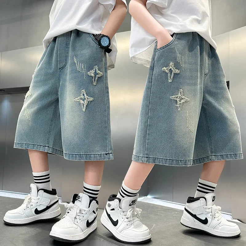 Hot Kids Stylish Summer Star Embroidered Denim Shorts for Tween Boys Luxury Design Jeans Shorts Child Five Shorts Casual Pants