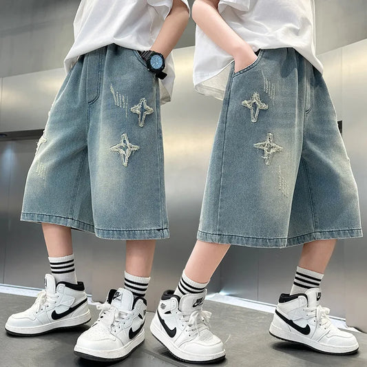 Hot Kids Stylish Summer Star Embroidered Denim Shorts for Tween Boys Luxury Design Jeans Shorts Child Five Shorts Casual Pants