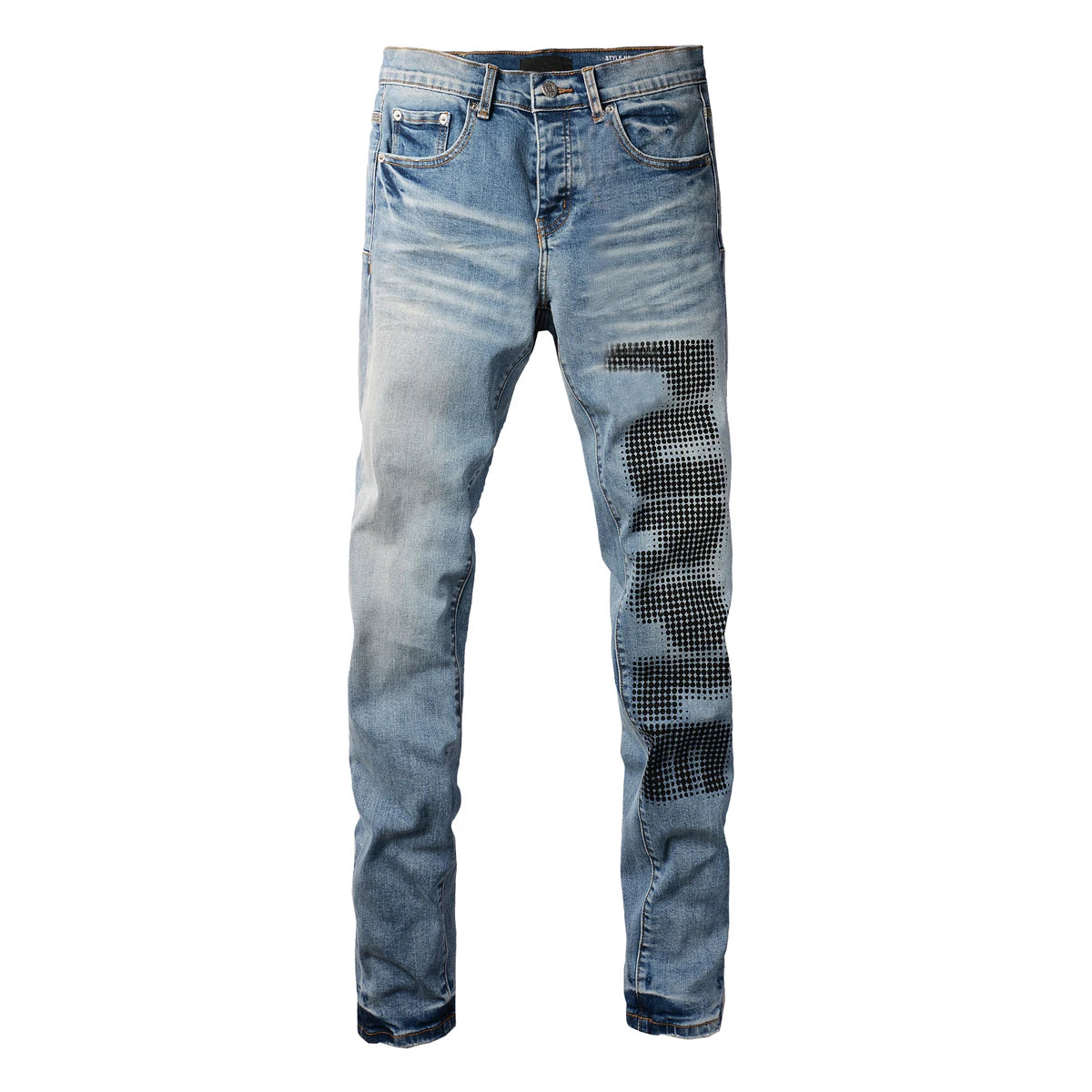 High Street Style Men's Skinny Jeans USA Quality Low Rise Blue Print Letters Fashion Repair Denim Pants Size 28-40