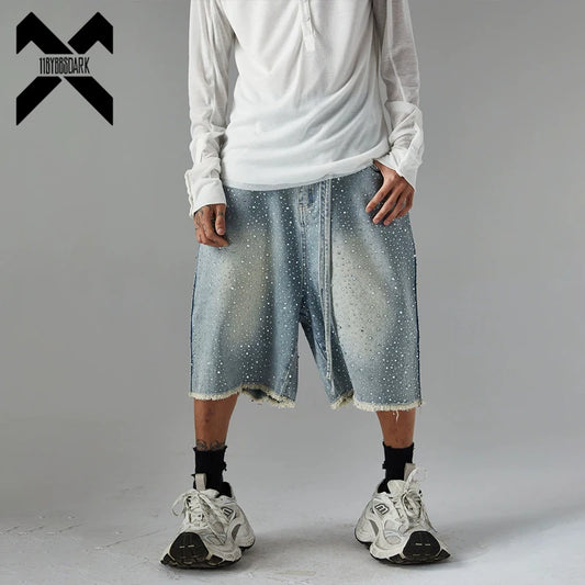 Vintage Rhinestone Denim Shorts Y2K Streetwear Couple Hip Hop Jean Short Pant Loose Wide Leg Luxury Designer Shorts