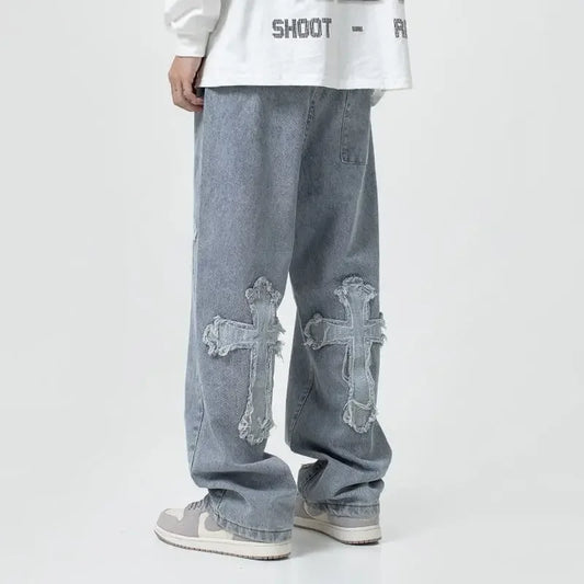 Trendy Brand Hip Hop Thug Straight-leg Loose-fit Wide-leg Long Pants Cross Stitch Fabric Jeans Men Casual Streetwear