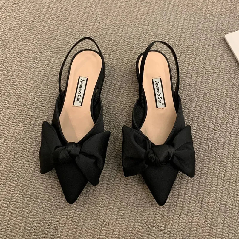 Summer Women's Pumps Fashion Shallow Bowknot Slingbacks Pumps Black and White Plaid Polka Dots Heels Slip-on Low Heels Sandals