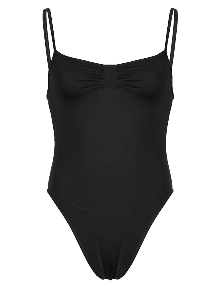 Sweetown Sleeveless Skinny Shirring Skinny Sexy Spaghetti Strap Bodysuit For Women Black Solid Simple Basic Vacation Camisole