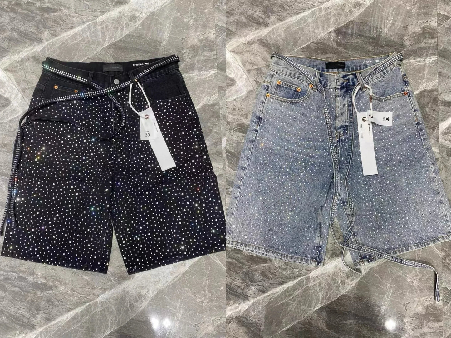 American Retro Rhinestone Sequin Denim Shorts Y2K Jeans Men Women Retro Ribbon Washed Baggy Shorts Low Waist Over The Knee Pants