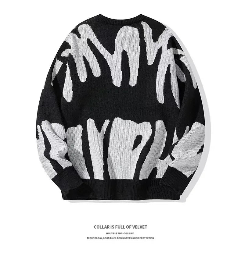 Men's autumn and winter new tide round neck sweater black and white stitching plus size sweater sweater