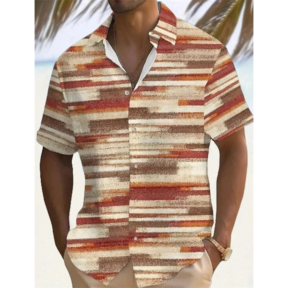 Summer Men's Shirts 3D Casual Plaid Stripe Pattern Hawaiian Button Short Sleeve Shirt Men Clothes Loose Men's Shirts Male Shirts