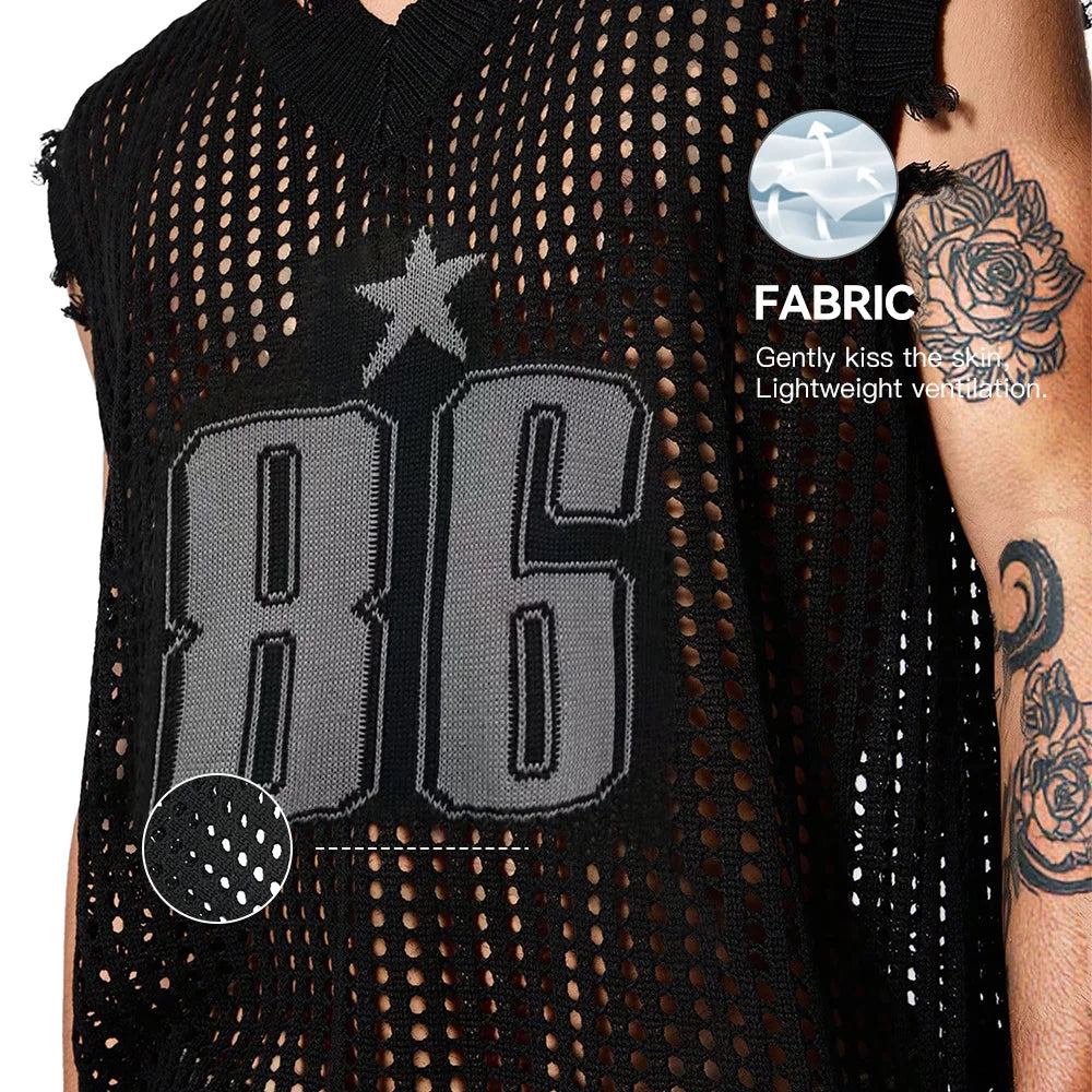 Slavinson Men's Vest Summer Fashion Knitted Letter Pattern Mesh Sleeveless Vest Casual Breathable Knit Soft Vest Top Men US Size