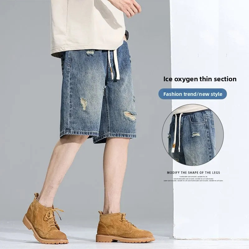 Casual Cargo Denim Shorts Men Elastic Waist Straight Comfortable Light Color Soft Short Pants Baggy Wide Bermuda Male Y2k Jeans