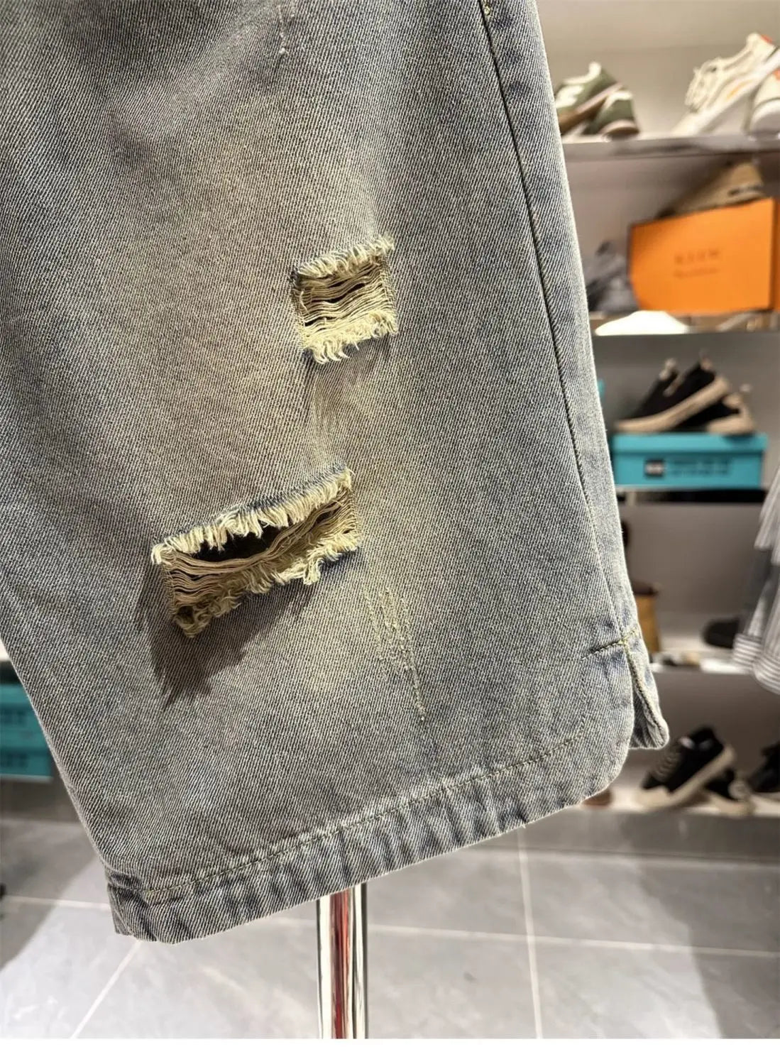 Men's Ripped Denim Shorts American High Street Loose Straight Washed Old Retro Versatile Casual Five-point Pants Jorts Man