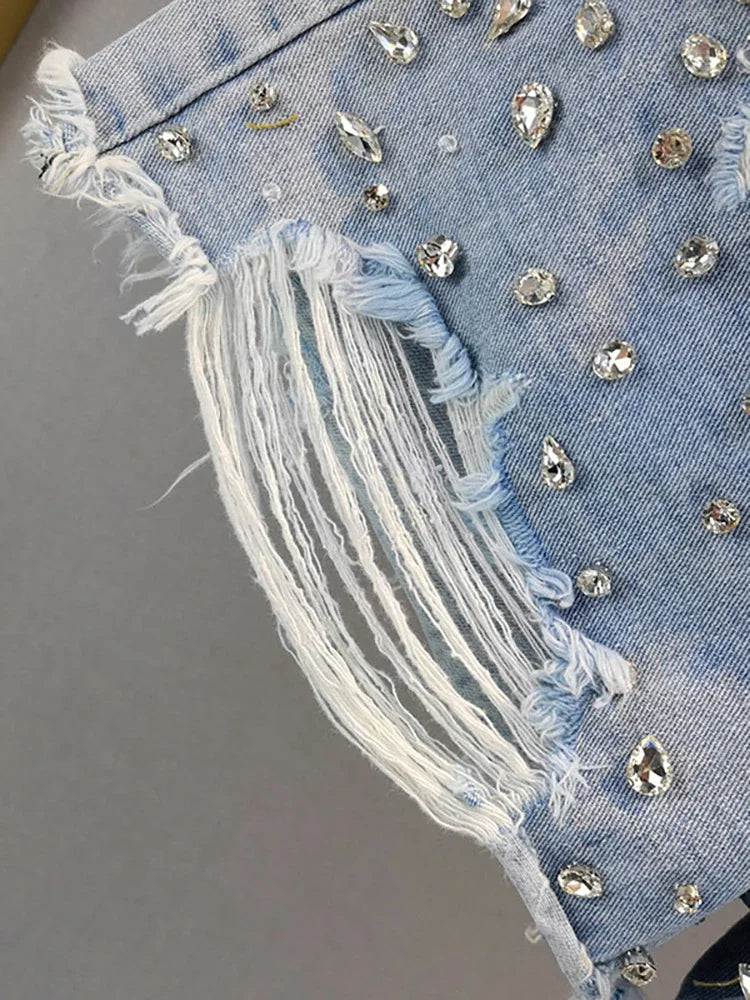 Women's Short Jeans High Waist Distressed Diamonds Tassel Loose Wide Leg Luxury Denim Shorts 2025 Spring Fashion Y2k Skirts