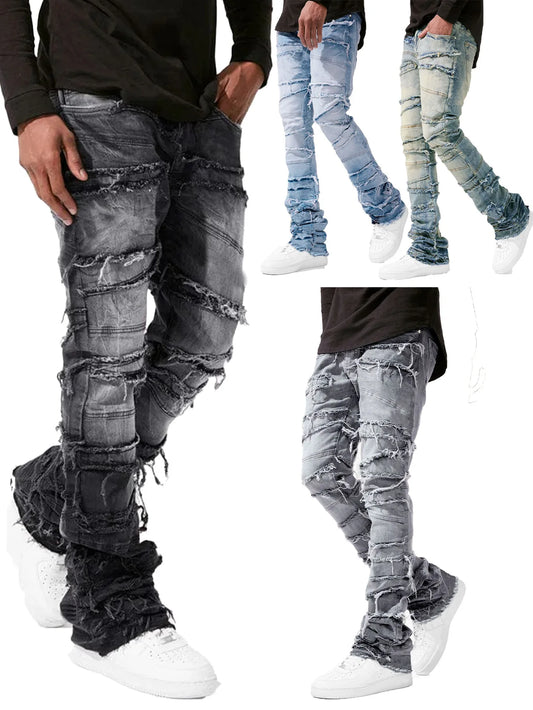 Men's Casual Distressed Jeans Tassels Patchwork Design Slim Fit Solid Color Stretch Denim Pants Straight Leg Streetwear Trousers