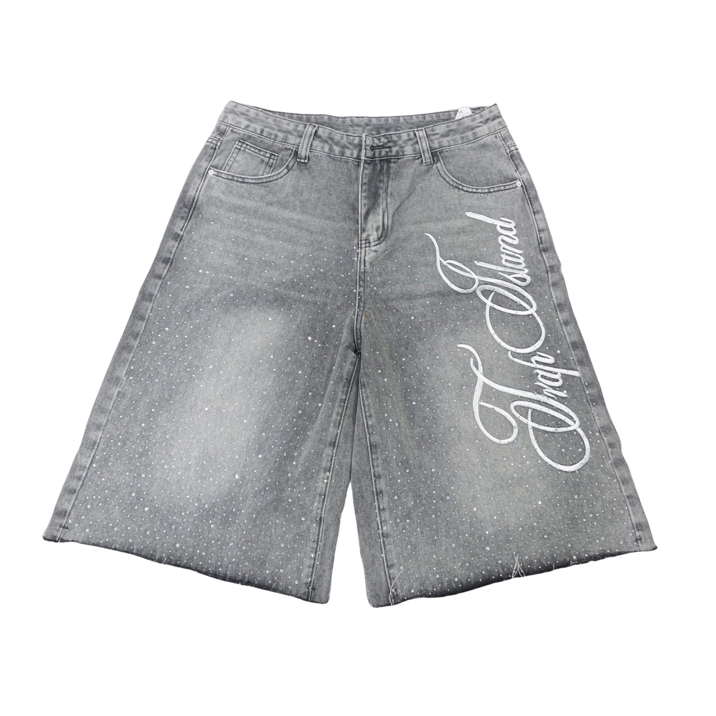 Men Knee Length Denim Shorts Embroidered Rhinestone Jeans Shorts For Beach Vacation Summer Daily Wear Outdoor Streetwear