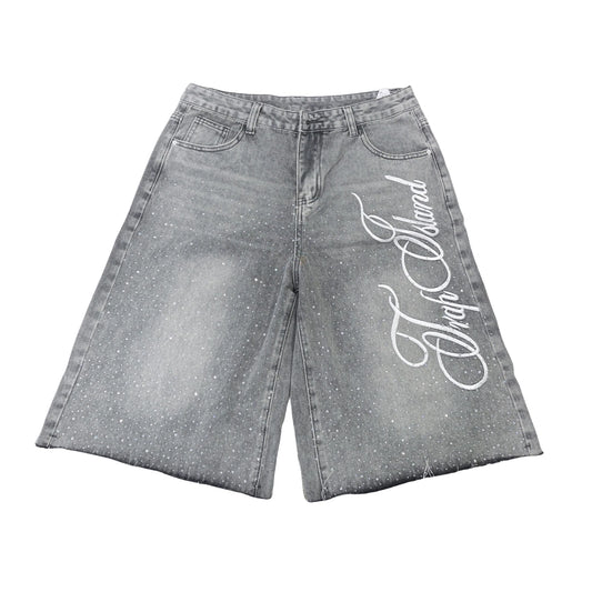 Men Knee Length Denim Shorts Embroidered Rhinestone Jeans Shorts For Beach Vacation Summer Daily Wear Outdoor Streetwear