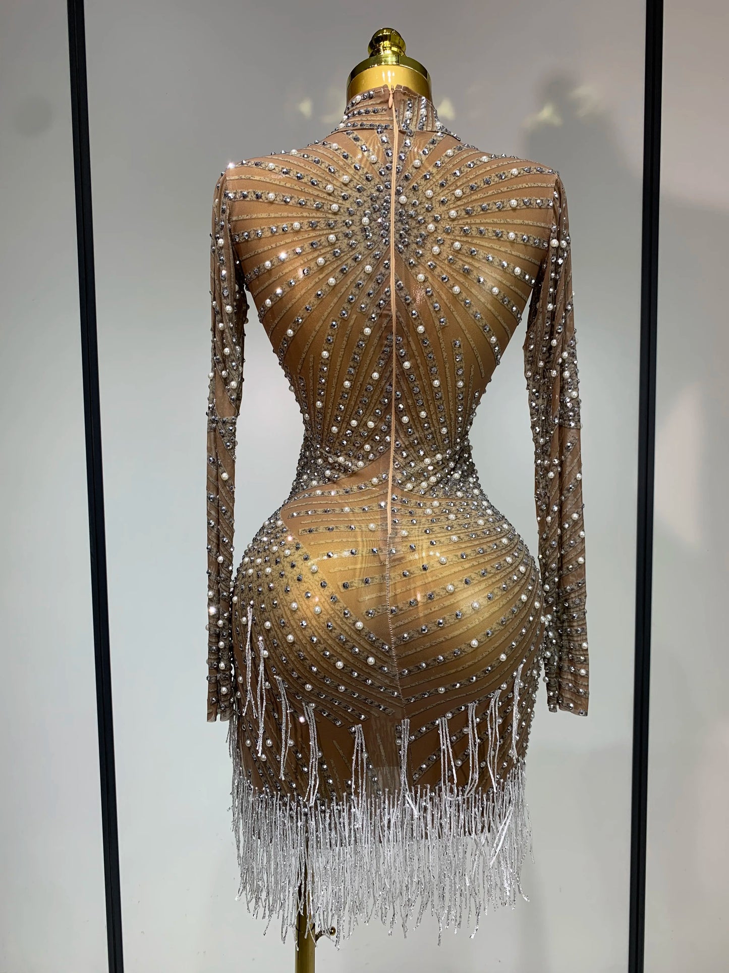 Luxury Rhinestone Tight Short Dress Women Long Sleeve Evening Party Prom Gown Birthdy Nightclub Performance Costume Stage Outfit