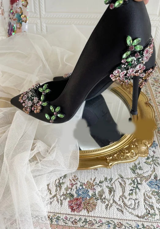 Black Satin Colorful Designer Flower Rhinestone Pointed Toe High-Heeled Women's Pumps Solid Rubber AntiSlip Lady's Shoes
