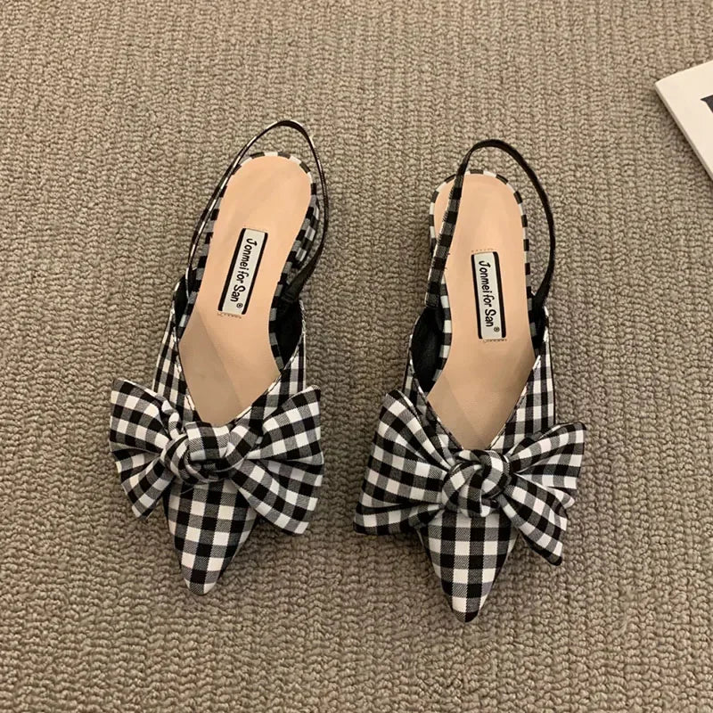 Summer Women's Pumps Fashion Shallow Bowknot Slingbacks Pumps Black and White Plaid Polka Dots Heels Slip-on Low Heels Sandals
