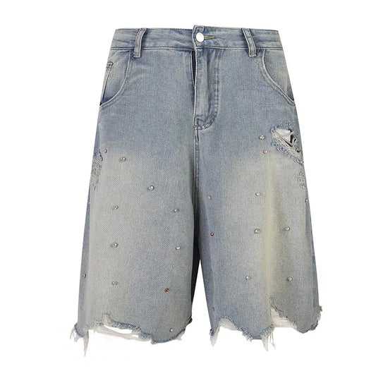 Vintage Hi Street Rivet Denim Shorts Washed Streetwear Ripped Jeans Shorts For Male Blue