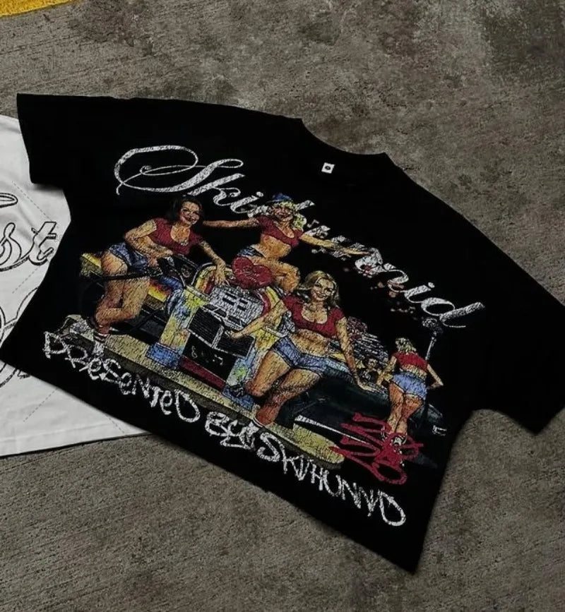 2025 American Hip-hop Oversized T-shirt Y2K Streetwear Men Casual High Street Harajuku Trendy Pure Cotton Round Neck top Women