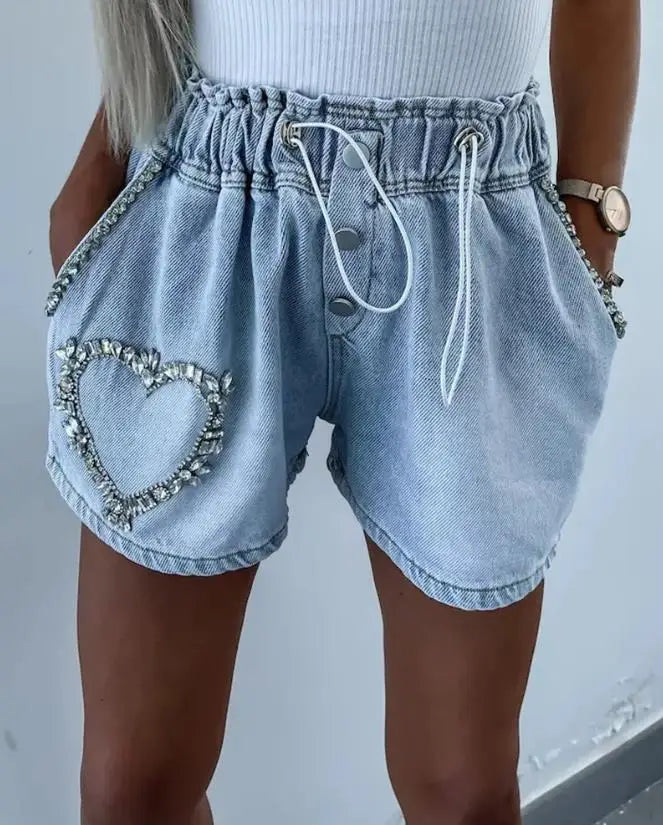 Y2K 2023 Summer New Casual Fashion Cargo Shorts Temperament Commuting Rhinestone Heart Pattern Drawstring Trending Denim Shorts