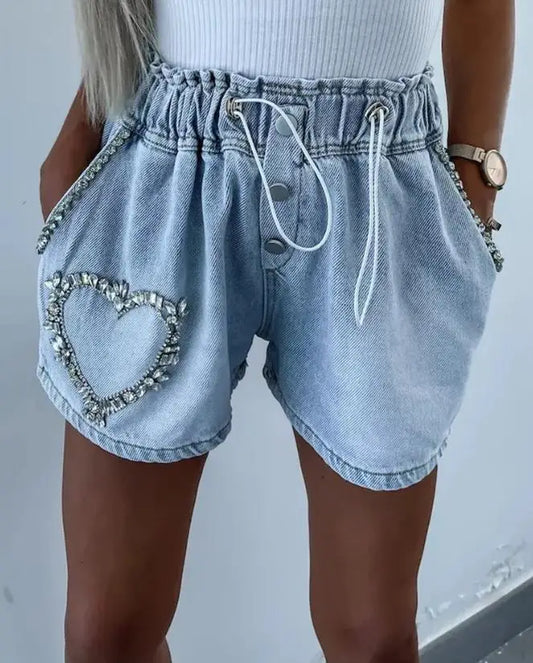 Y2K 2023 Summer New Casual Fashion Cargo Shorts Temperament Commuting Rhinestone Heart Pattern Drawstring Trending Denim Shorts