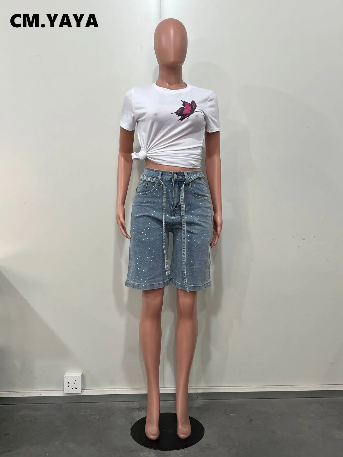 CM.YAYA Women Rhinestones Straight Washed Denim Knee Length Cargo Pants 2025 Summer Belt Pocket Street Casual Jeans Trousers