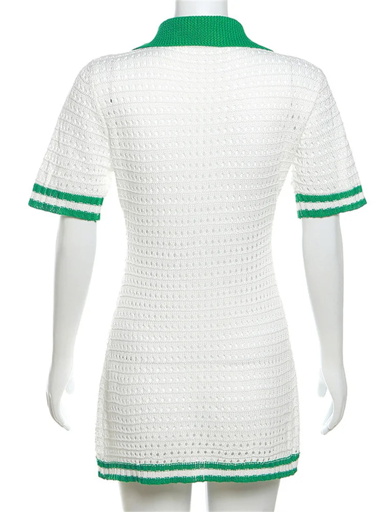 InGrily O-Neck Crochet Women Dress Single-Breasted Shorts Sleeve Green Edge Peach Hip Thin Tight Bodycon Streetwear Hipsters