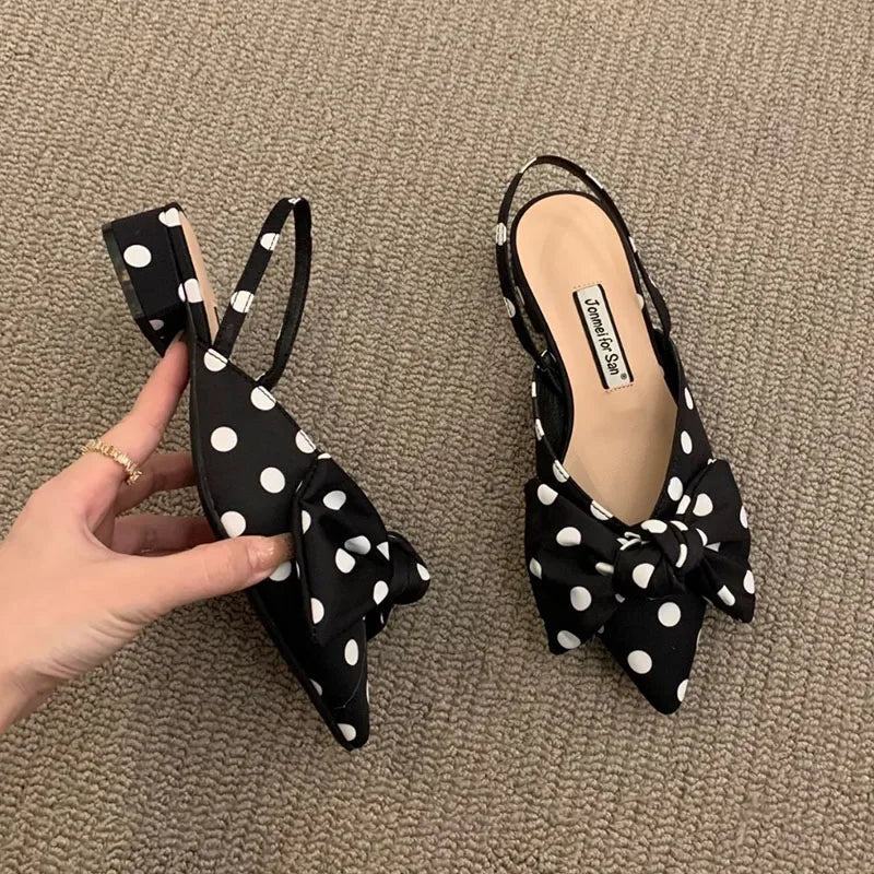 Summer Women's Pumps Fashion Shallow Bowknot Slingbacks Pumps Black and White Plaid Polka Dots Heels Slip-on Low Heels Sandals