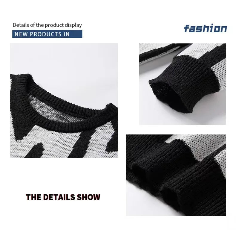Men's autumn and winter new tide round neck sweater black and white stitching plus size sweater sweater
