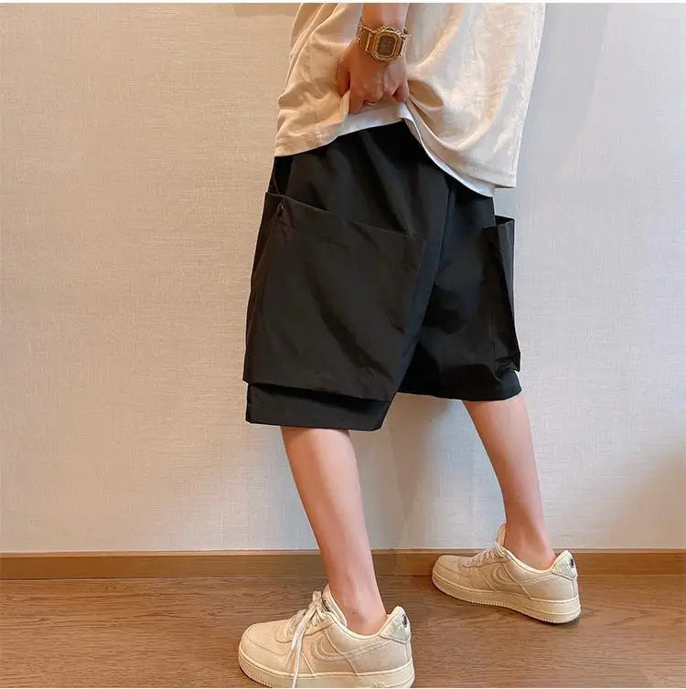 Summer Solid Pockets Large Size Shorts Men's High Street Loose Casual Workwear Five-quarter Pants Men Bottom Male Sportswear