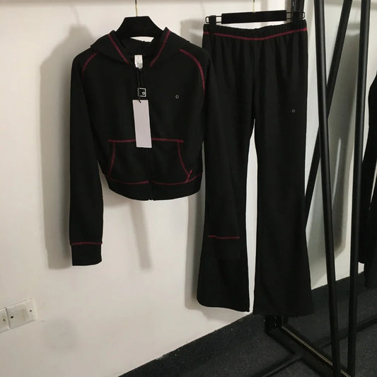 2025 New Women's Minimalist Reflective Printed Long Sleeved Hooded Zipper Jacket Slim Fit Bell Bottom Pants Set