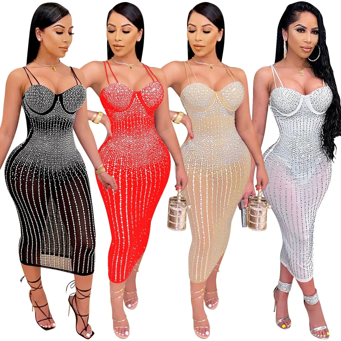 CM.YAYA Mesh See Though Hot Rhinestones Plunging V-neck Midi Bodycon Dress  Women Sexy Club Party Dresses Pencil Vestidos