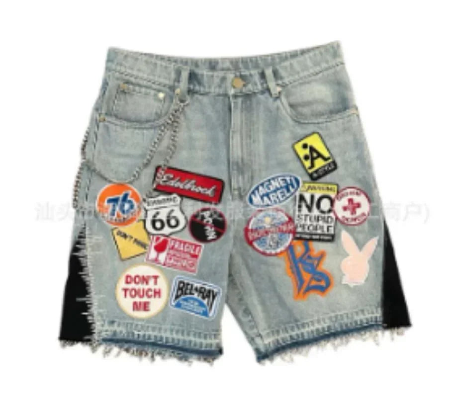 American popular retro cross niche letter print loose denim old shorts men's street fashion gothic casual new sweatshirt suit