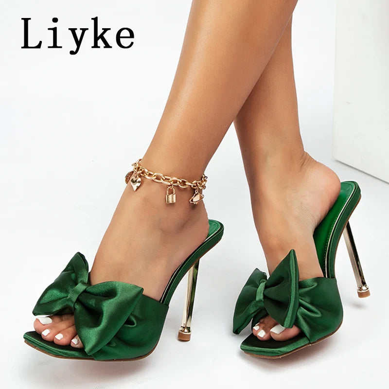 Liyke Fashion Yellow Green Silk Butterfly-Knot Women Slippers Mule High Heels Gladiator Sandals Flip Flop Square Toe Party Shoes