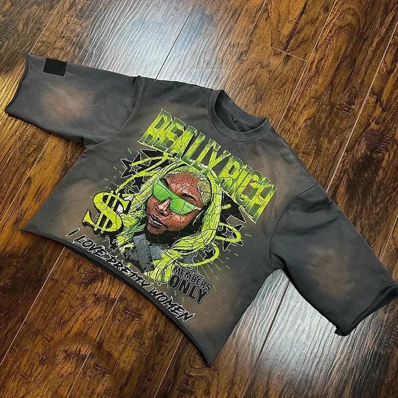 Retro High Street Printed Three Quarter Sleeve Baggy T-Shirt Women's Gothic Punk Rock Y2K Short Sleeve Harajuku Oversized Top