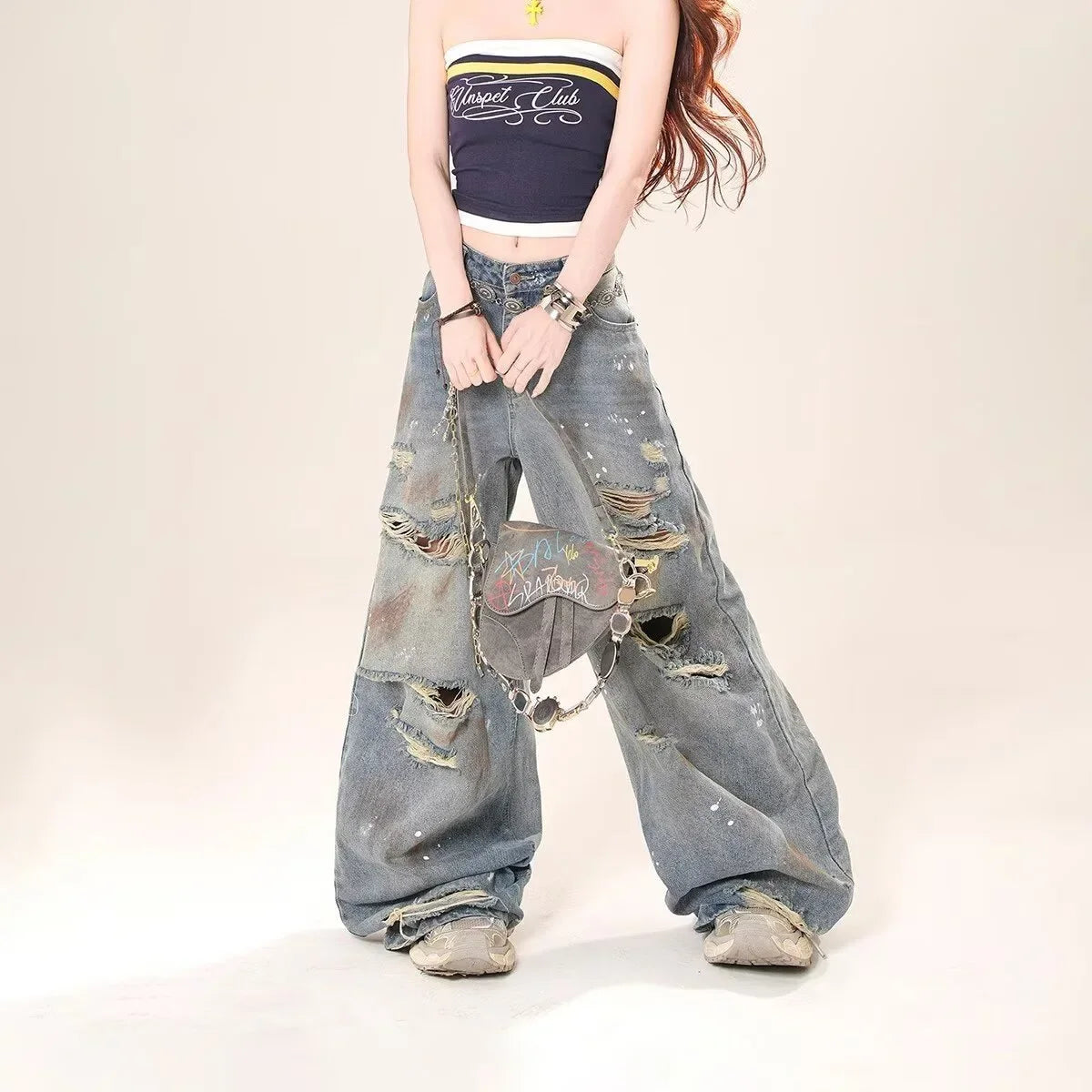 Washed Vintage Hole Denim Jeans Loose Straight High Waist Women's Spring Autumn New Style Street Fashion Long Trousers