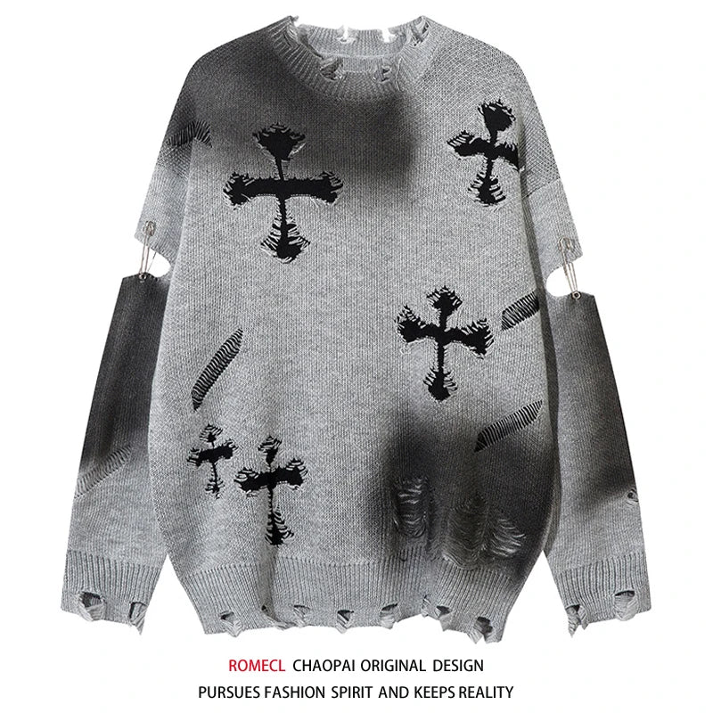 Loose Men's Knitted Sweater Cross Hook Flower Oversize Crew Ne Long Sve Casual Comfortable ROMECL Chinese Trendy Sle