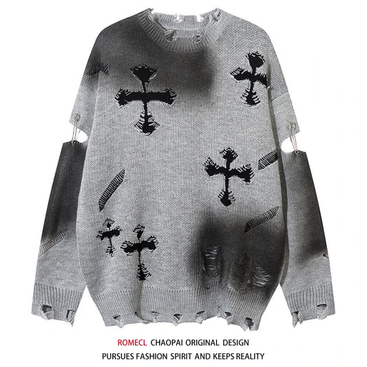 Loose Men's Knitted Sweater Cross Hook Flower Oversize Crew Ne Long Sve Casual Comfortable ROMECL Chinese Trendy Sle