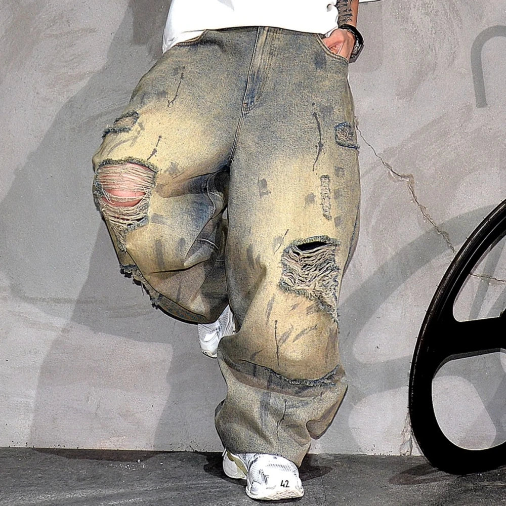 Streetwear Baggy Jeans Men Ripped Distressed Denim Pants Hip Hop Stacked Vintage Skateboard Straight Leg High Quality Trousers