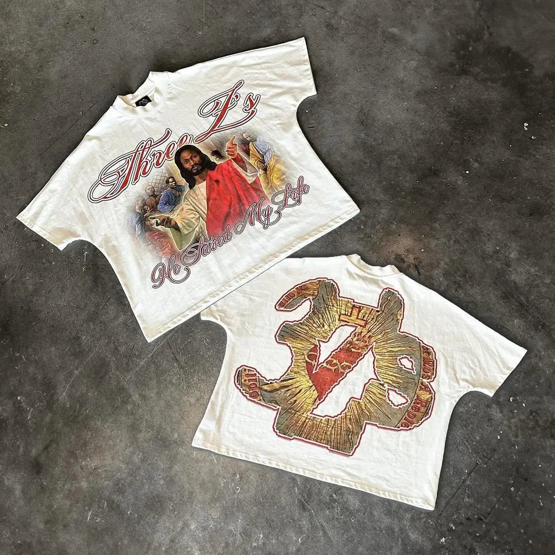 Y2k retro new hip-hop pattern printed men oversized T-shirt street short sleeved casual punk couple top harajuku y2k top