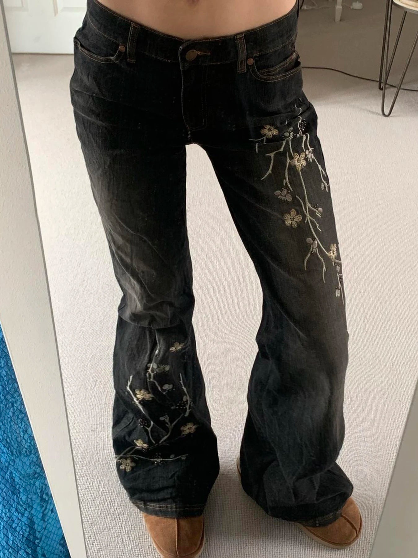 Weekeep Floral Embroidery Jeans Vintage 2000s Low Rise Flared Jeans Women Retro y2k Baggy Denim Pants High Street Basic Trousers