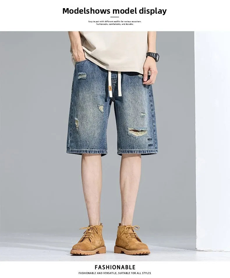 Casual Cargo Denim Shorts Men Elastic Waist Straight Comfortable Light Color Soft Short Pants Baggy Wide Bermuda Male Y2k Jeans