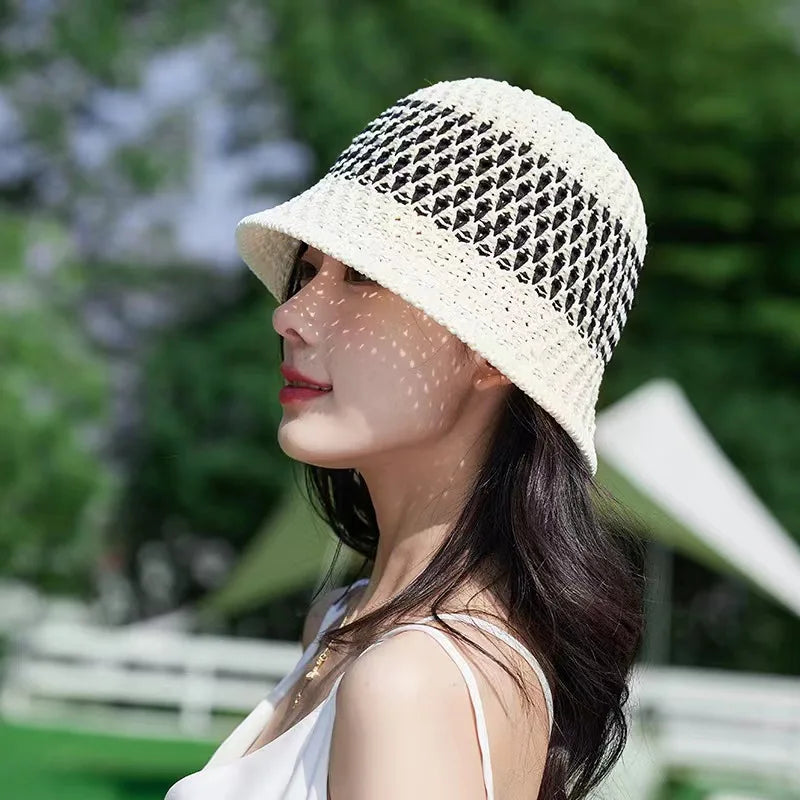 Gorras Para Hombres Striped Hollow Women Bucket Hat Spring Summer Outdoor Sunscreen Weave Breathable Fisherman Versatile Travel