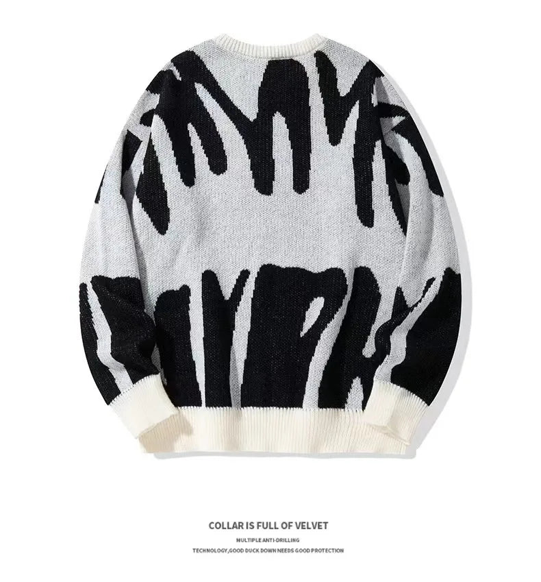 Men's autumn and winter new tide round neck sweater black and white stitching plus size sweater sweater