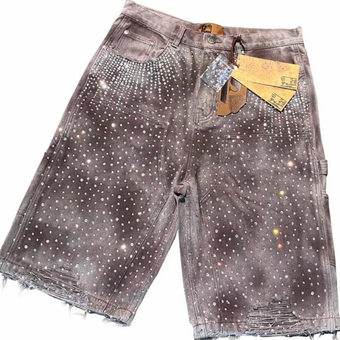 New Streetwear Twinkle Diamond Rivet Denim Shorts Harajuku Goth Retro Washed Brown Shorts High Waist Pants Mens Womens Clothing