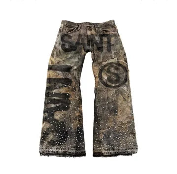 American-style classic style leopard letter rivet straight jeans men and women summer retro punk rock low waist wide-leg pants