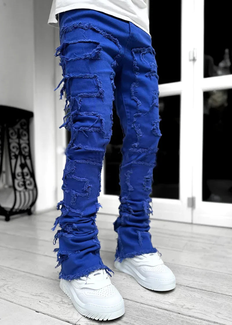 Men's Casual Distressed Jeans Tassels Patchwork Design Slim Fit Solid Color Stretch Denim Pants Straight Leg Streetwear Trousers