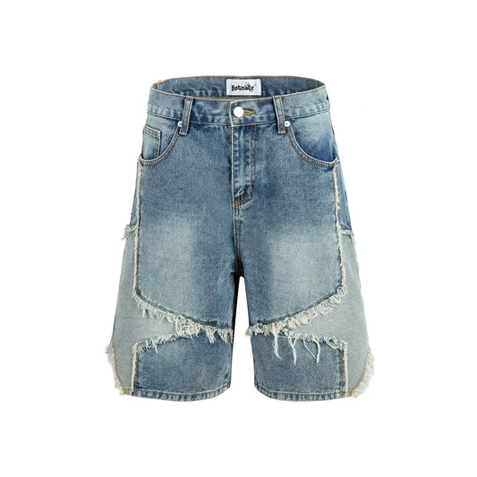 High Street Washed Stars Patchwork Baggy Jeans Shorts for Men Wide Leg Straight Casual Denim Five Point Pants Oversized